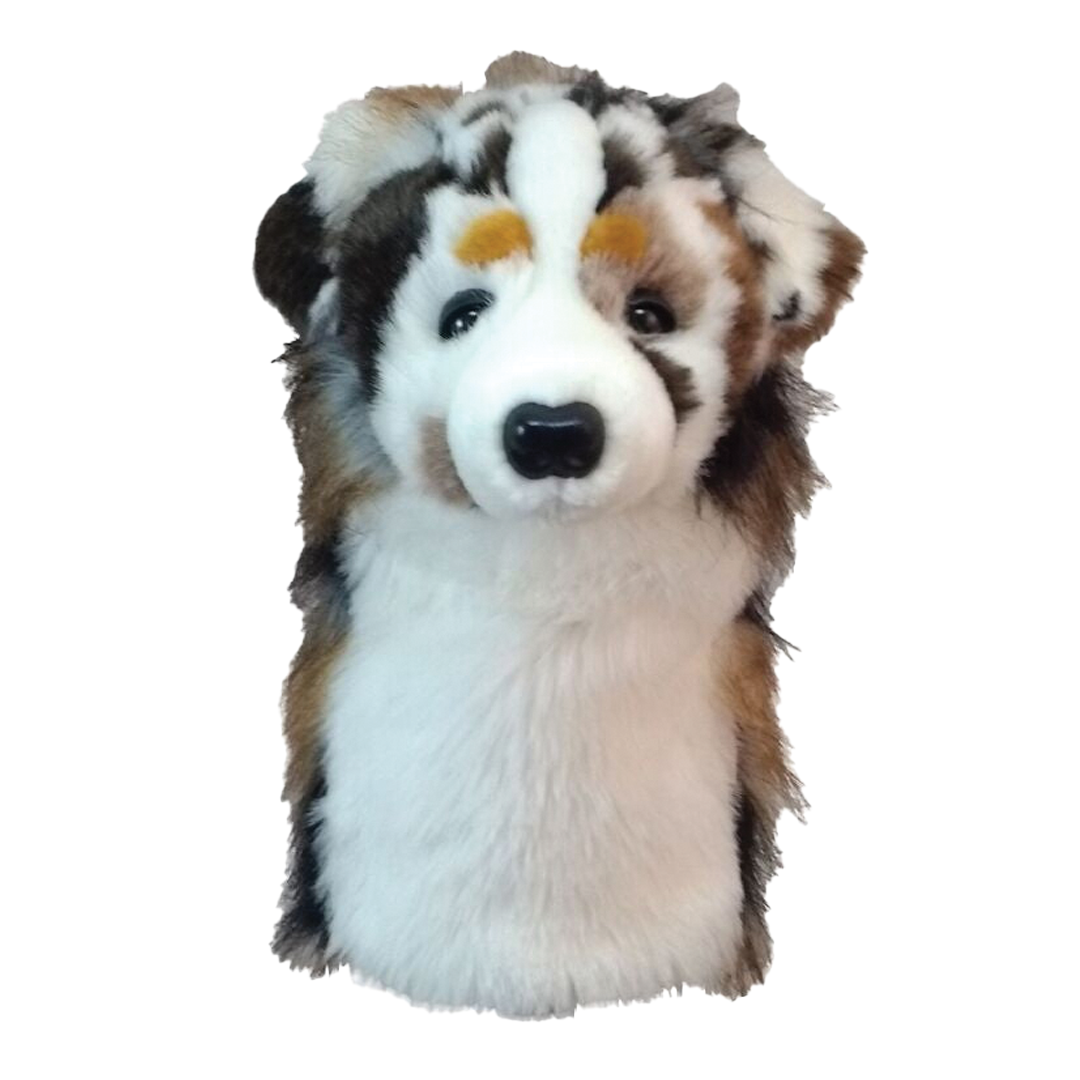 Plush toy shaped like a dog head with a white, brown, and black color pattern on a white background.