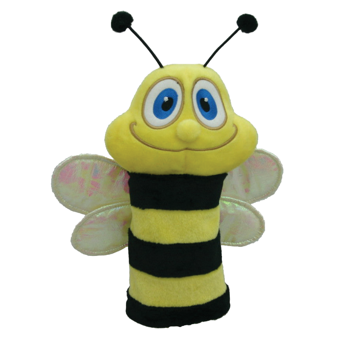 Plush bee toy with black stripes on a white background