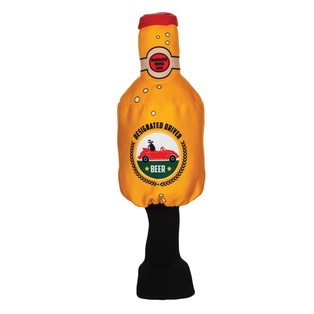 Bottle-shaped dog toy with a design of a car and text on a white background