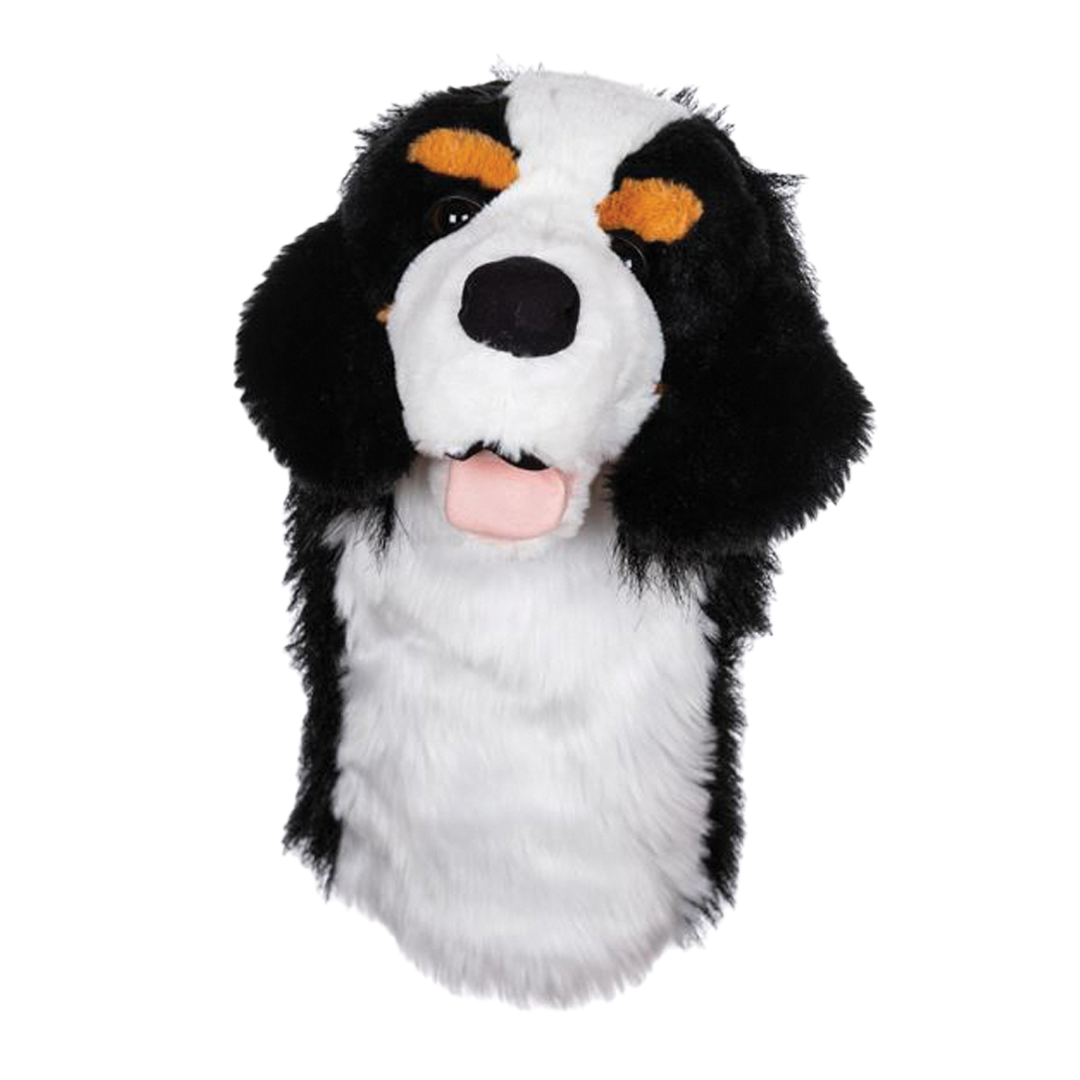 Plush dog head cover with black, white, and orange fur on a white background