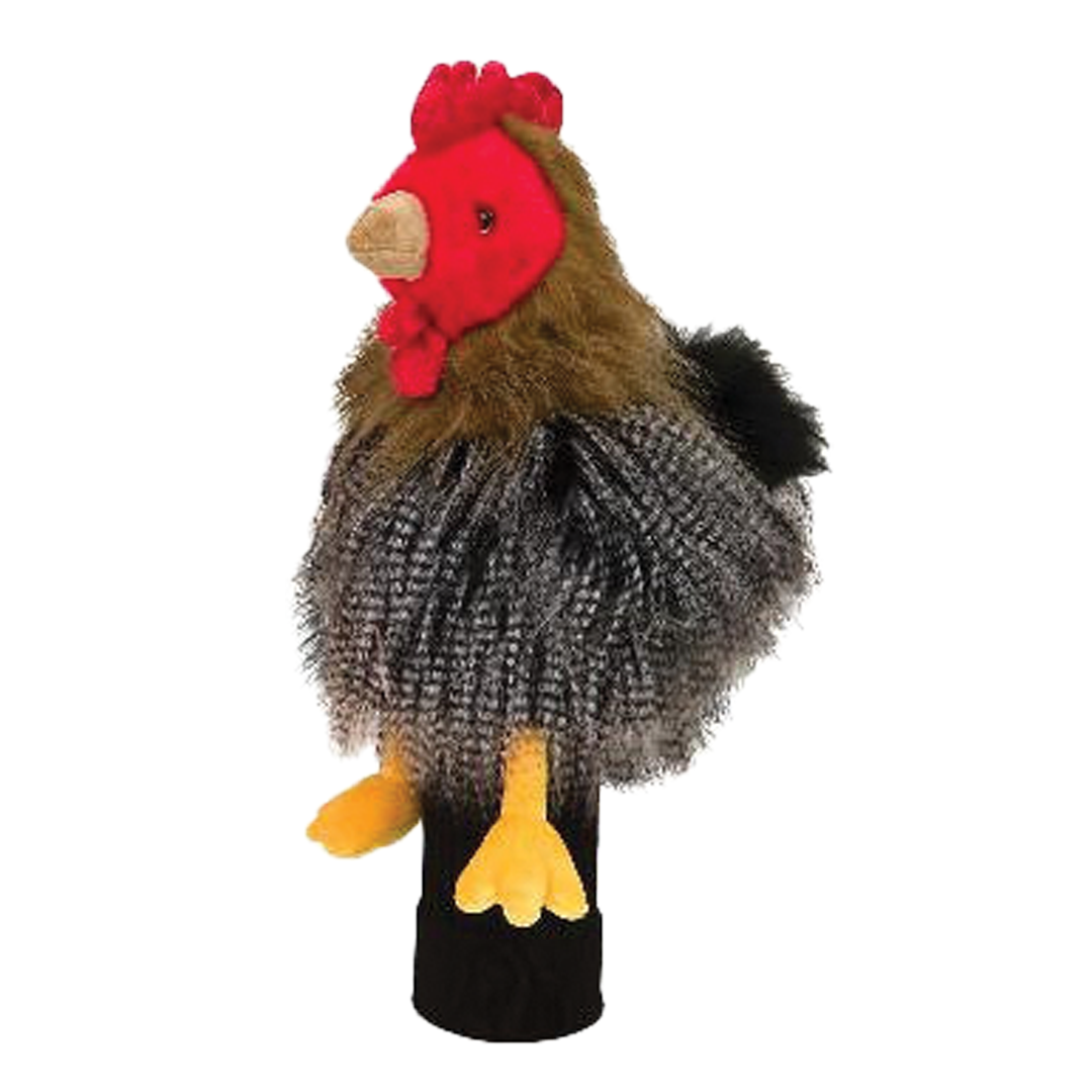 Plush rooster toy with a red face on a white background