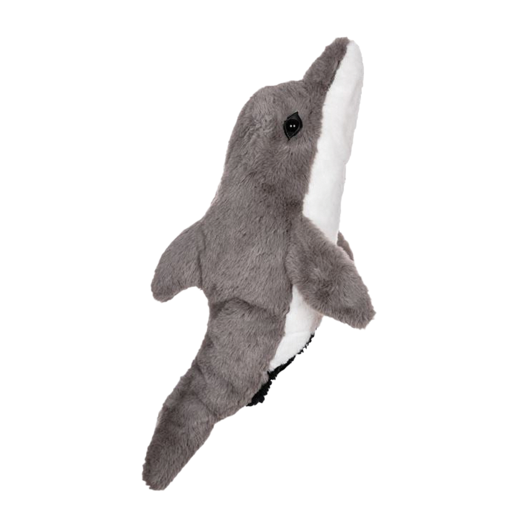 Plush toy dolphin on a white background