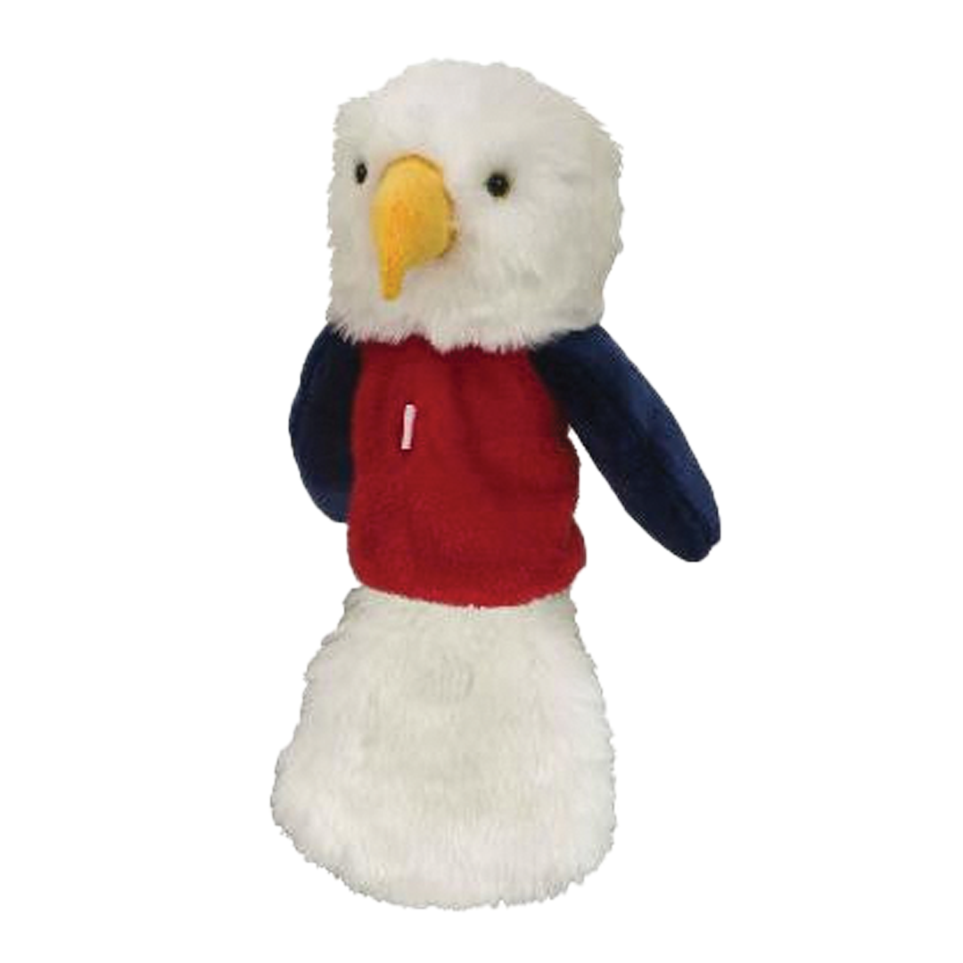 Plush toy eagle with a red and blue jacket on a white background