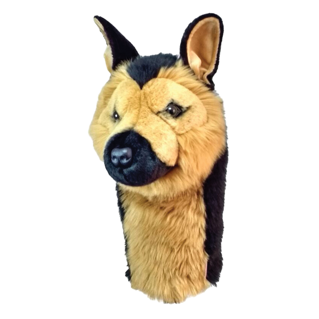 Plush German Shepherd dog head cover on a white background