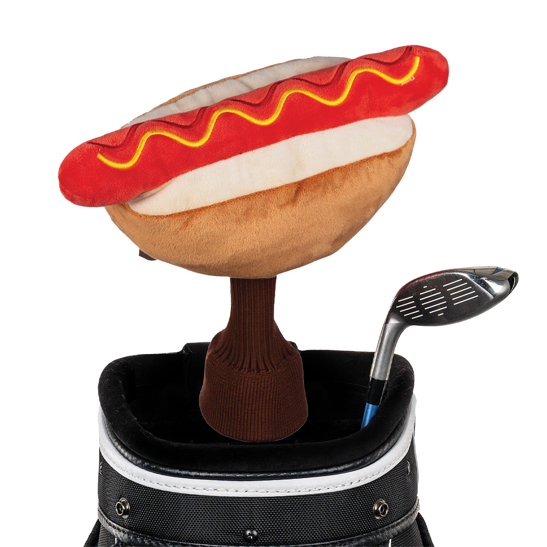 Hot dog-shaped golf head cover with a golf club on a white background