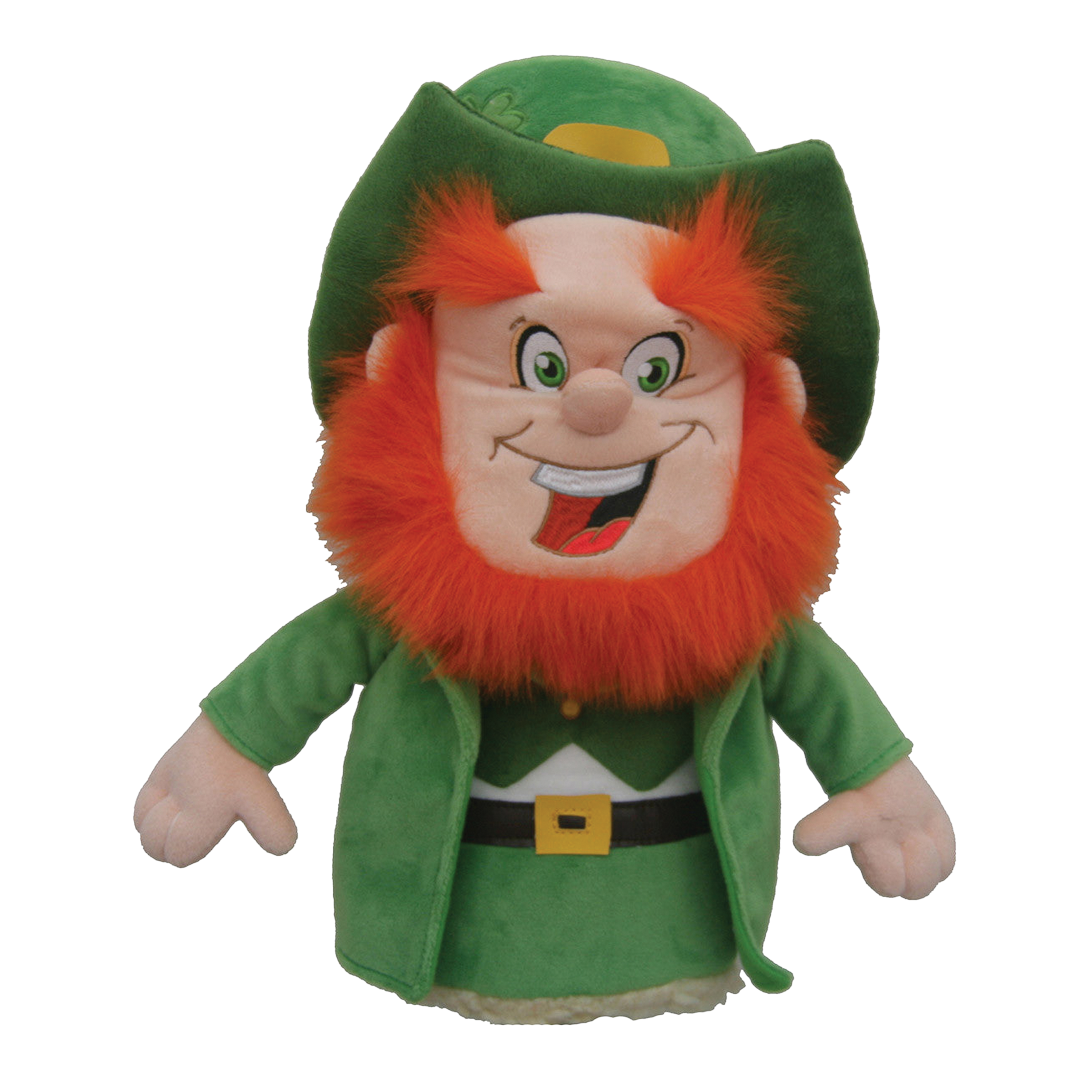 Plush toy of a leprechaun with green outfit and red beard on a white background