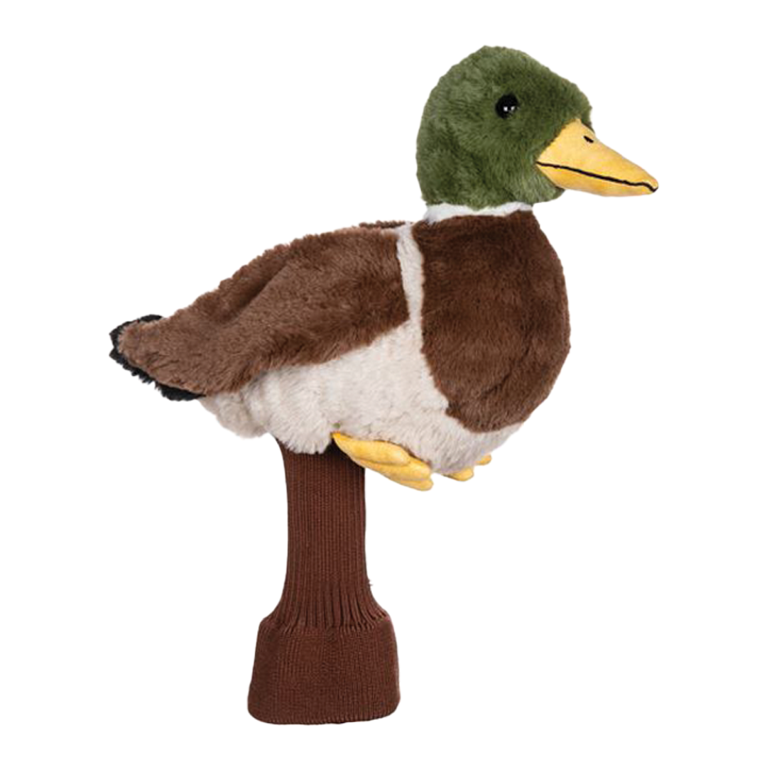 Plush duck toy on a brown handle against a white background