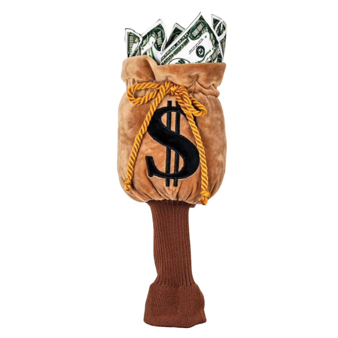 Golf club head cover shaped like a brown bag with money and a dollar sign on a white background