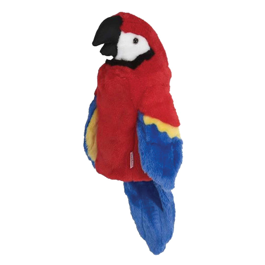 Plush toy parrot with red, blue, and yellow colors on a white background