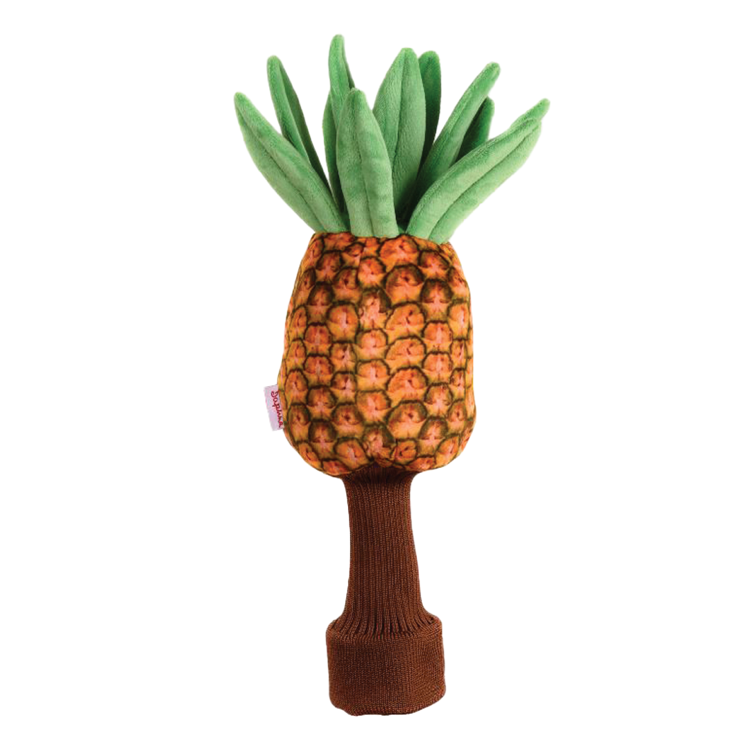 Plush pineapple toy with a brown handle on a white background
