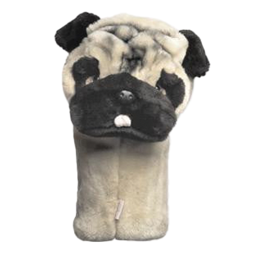 Pug-shaped golf club head cover on a white background
