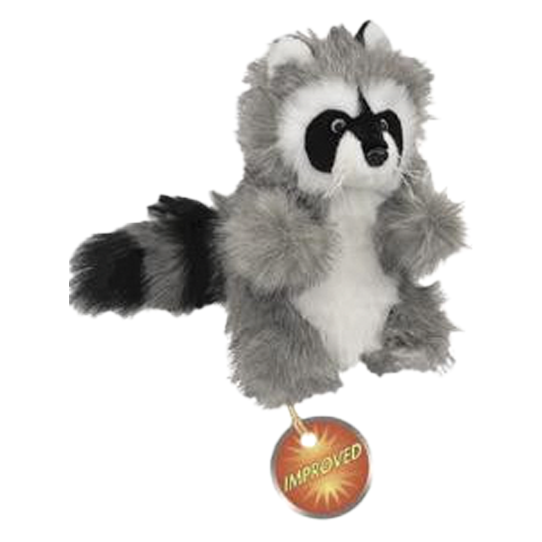 Plush raccoon toy with 'Improved' tag on a white background