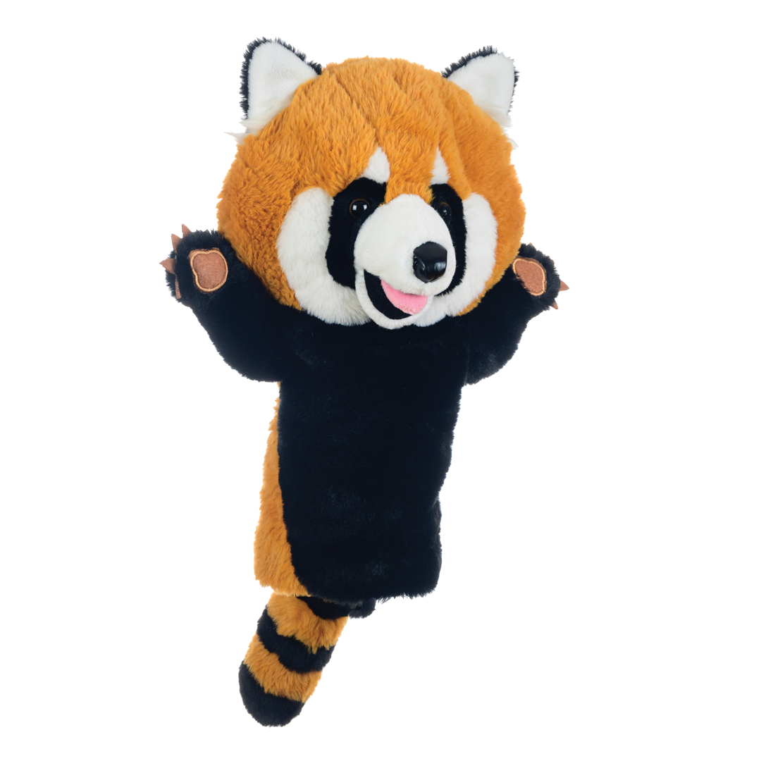 Plush toy shaped like a red panda on a white background