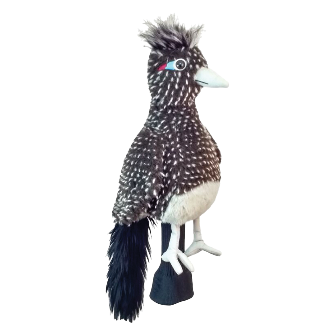 Plush toy resembling a roadrunner on a white background