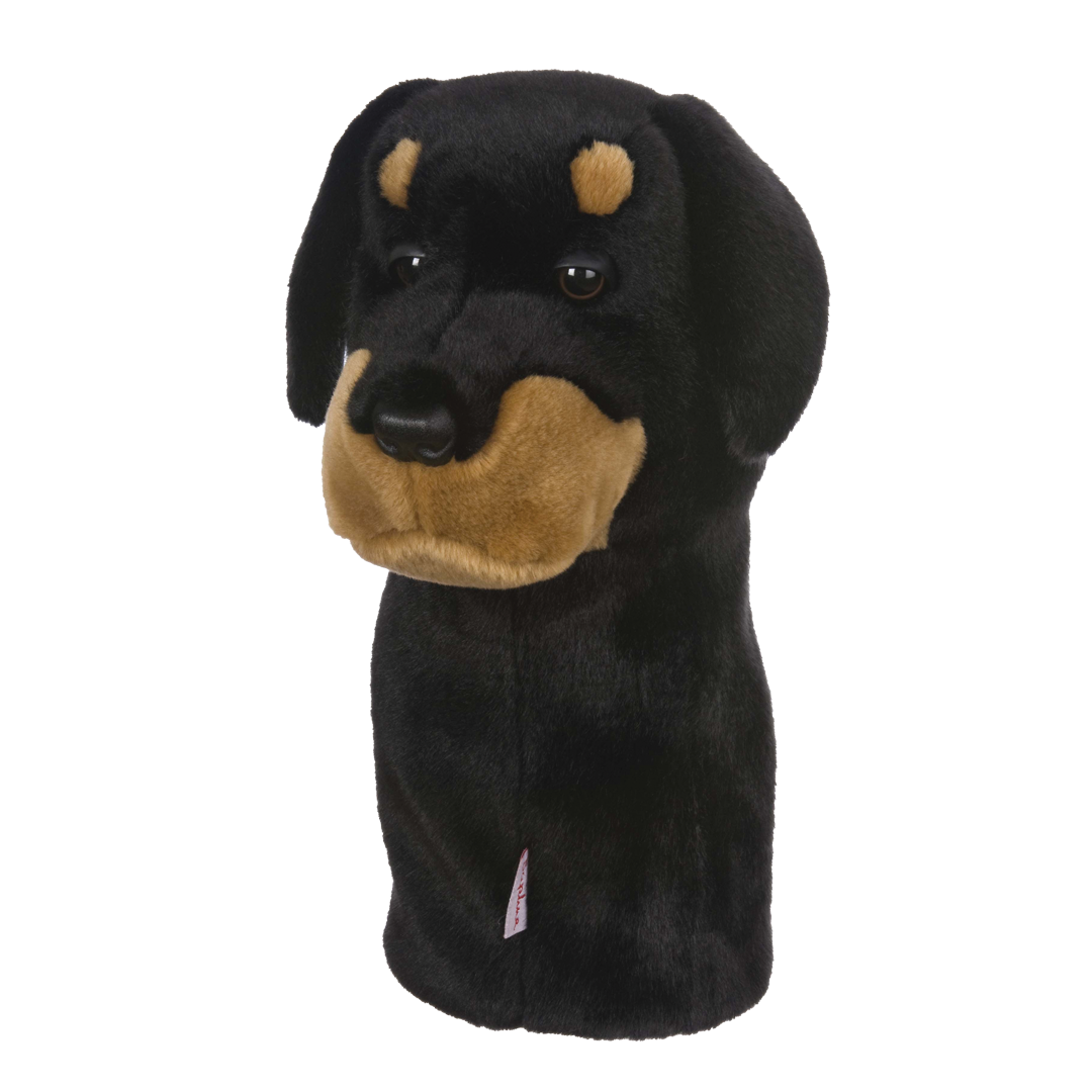 Black and brown dog-shaped golf club head cover on a white background