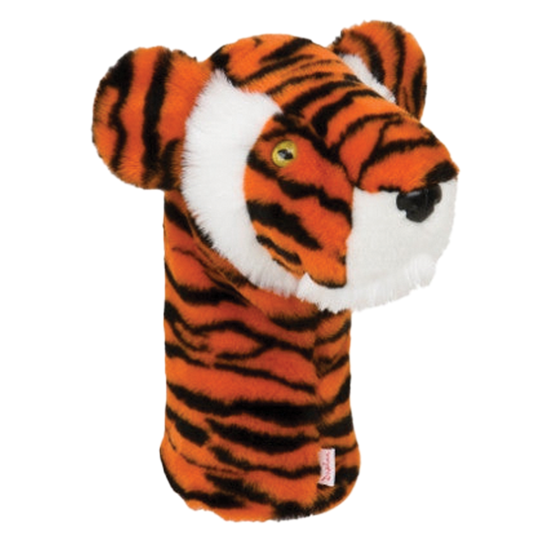 Plush tiger head cover on a white background