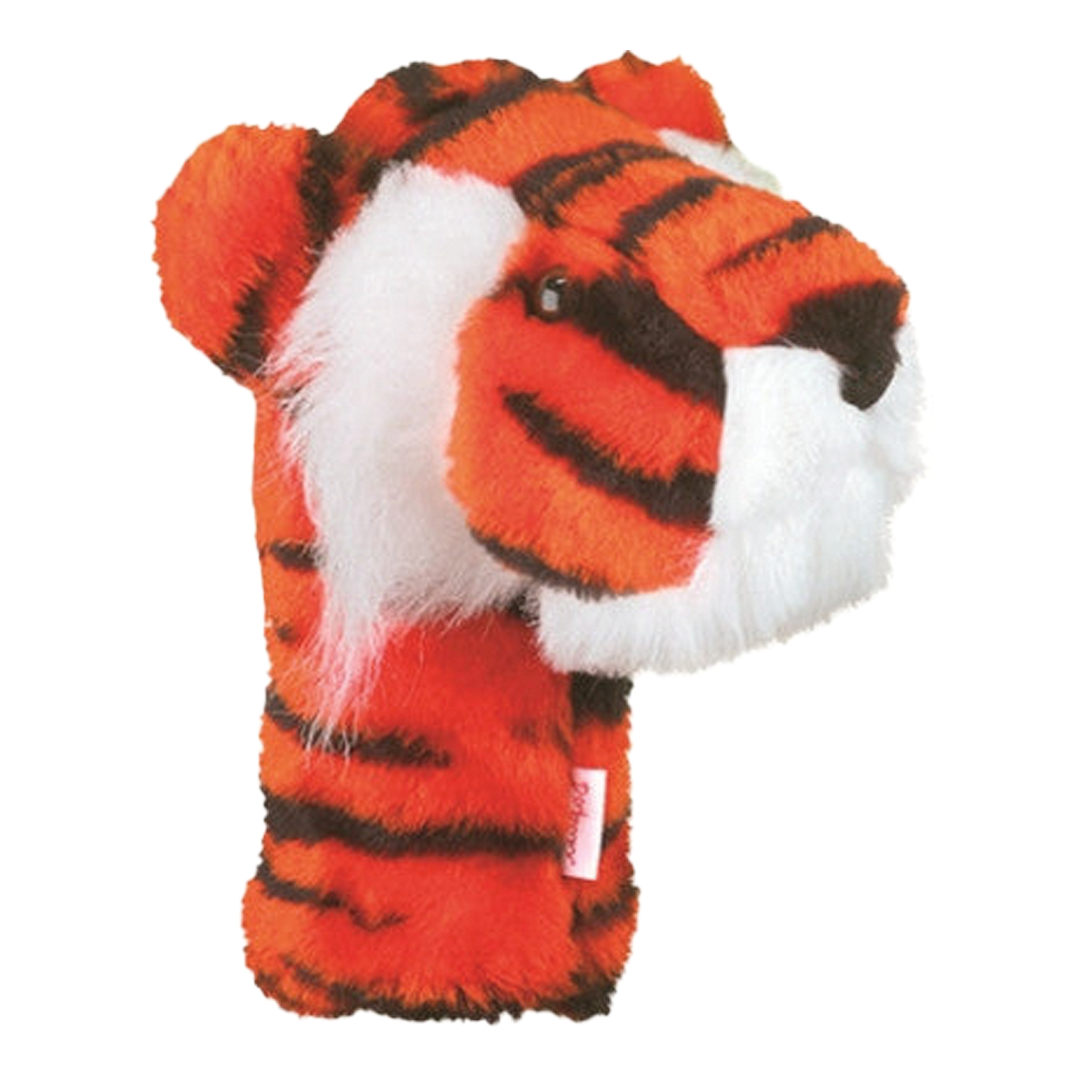 Tiger-striped golf club head cover on a white background