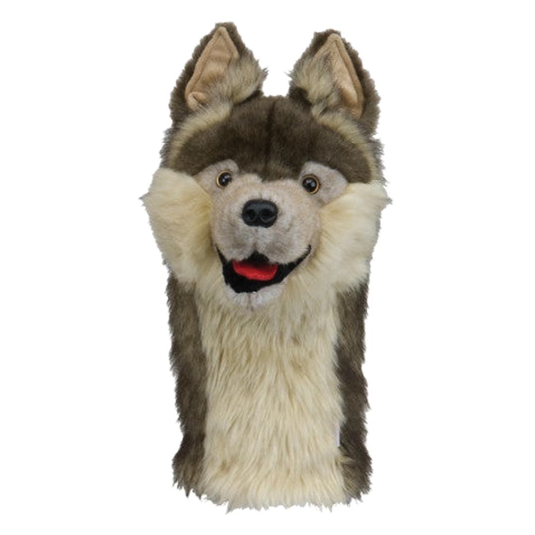 Plush wolf headcover on a white background