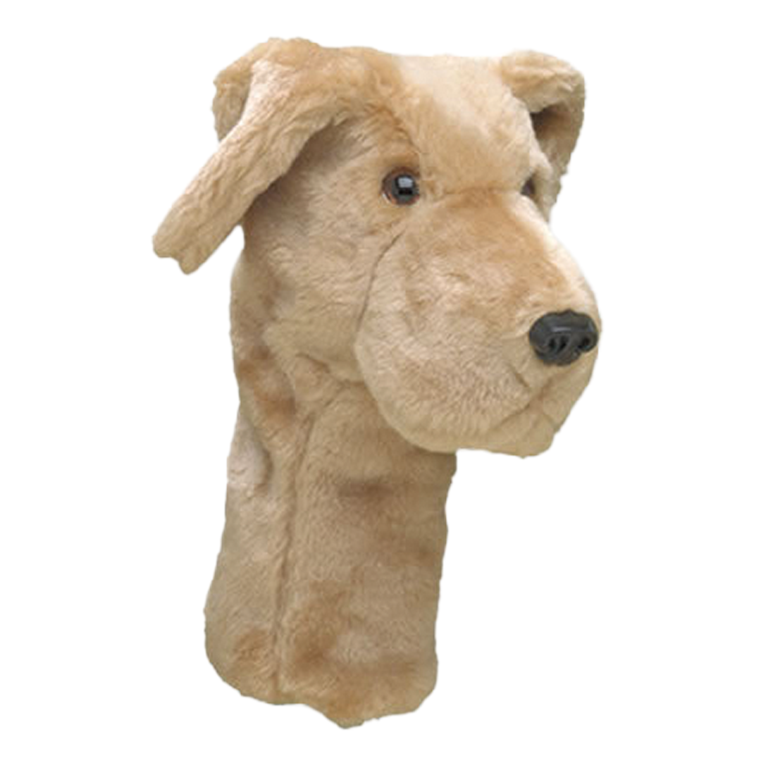 Dog-shaped golf club head cover on a white background